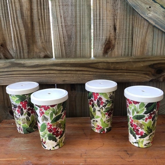 Set of 4 Patina Vie Holiday Holley Berry Bamboo Travel Tumblers & Lids Size 16oz - Picture 1 of 10